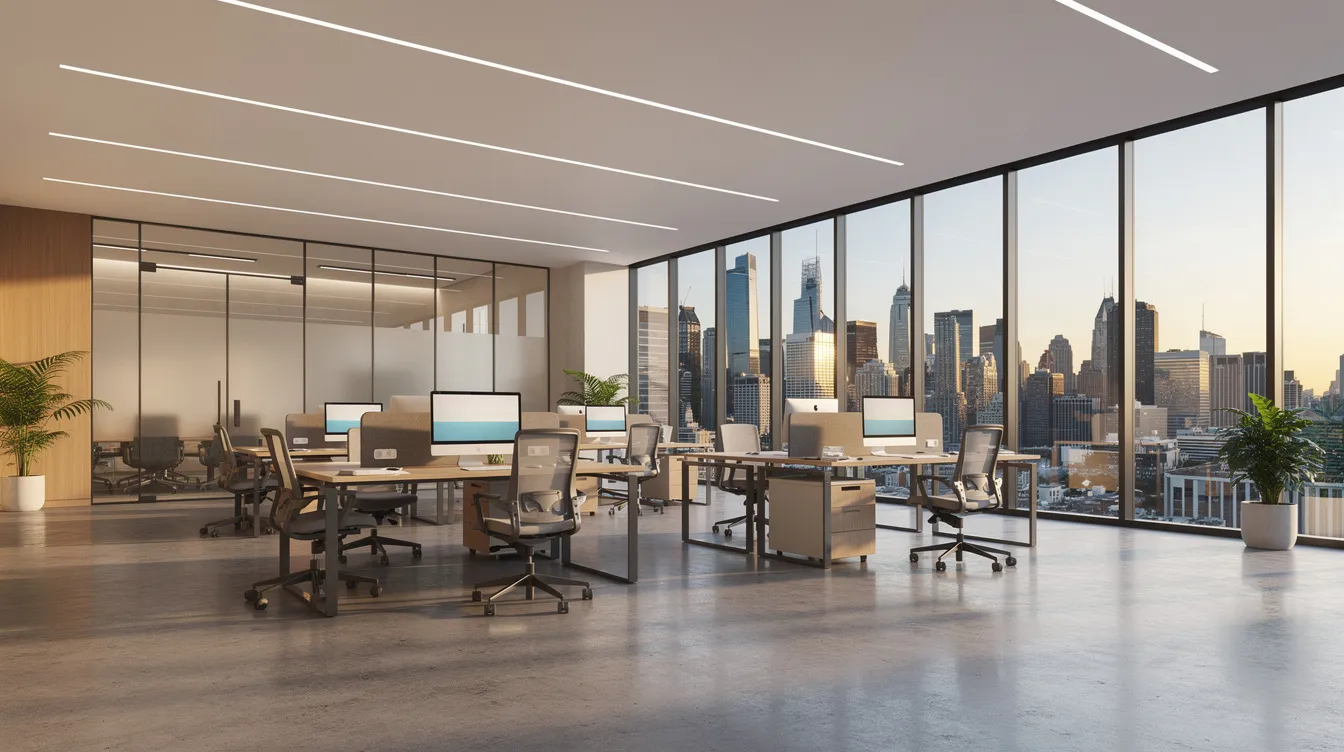The image depicts a modern commercial office space featuring floor-to-ceiling windows that offer a stunning view of the city skyline, highlighting the attractive investment potential of Singapore's real estate market. This contemporary office environment is designed to cater to both domestic and international capital, appealing to institutional investors and businesses looking for prime office properties in a market characterized by limited supply and high demand.