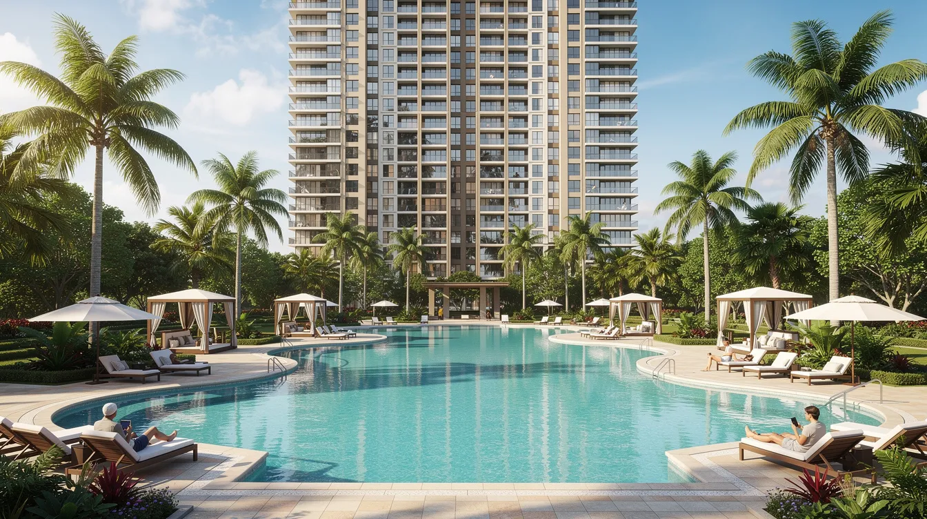 The image depicts a luxurious resort-style condominium pool area surrounded by lush tropical landscaping, with elegant residential towers rising in the background. This serene setting is ideal for families considering child’s education options in Singapore, as it provides a peaceful environment for relaxation and extracurricular activities.