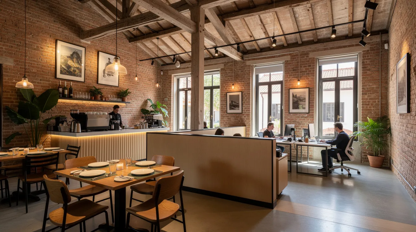 The image depicts the interior of a stylishly converted shophouse, featuring exposed brick walls that create a warm atmosphere for both a restaurant and office space. This unique property illustrates the blend of modern amenities and historical charm, appealing to buyers interested in freehold versus 99-year leasehold options in Singapore's property market.