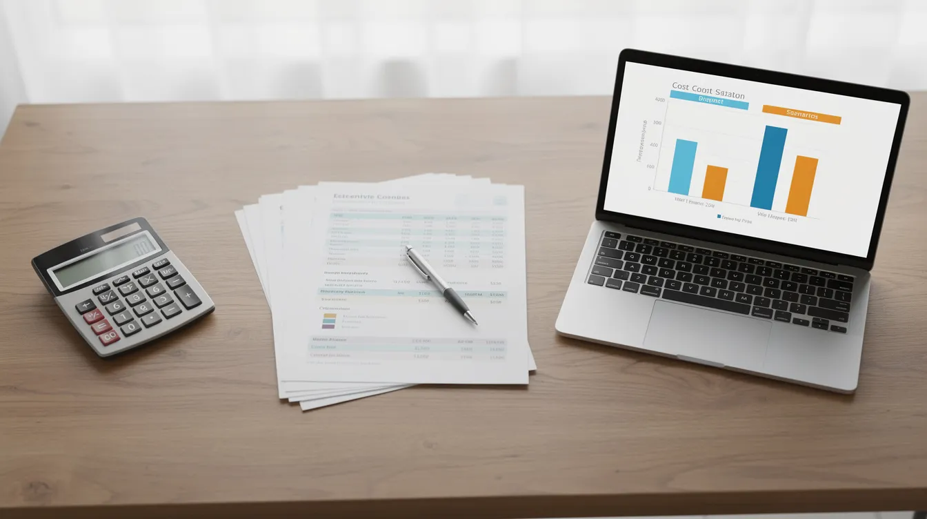 The image shows a clean desk featuring financial documents, a calculator, and a laptop displaying a bar chart that compares the long-term costs of buying office space versus renting in Singapore. This visual aids business owners in understanding the financial implications of property purchase and occupancy costs.