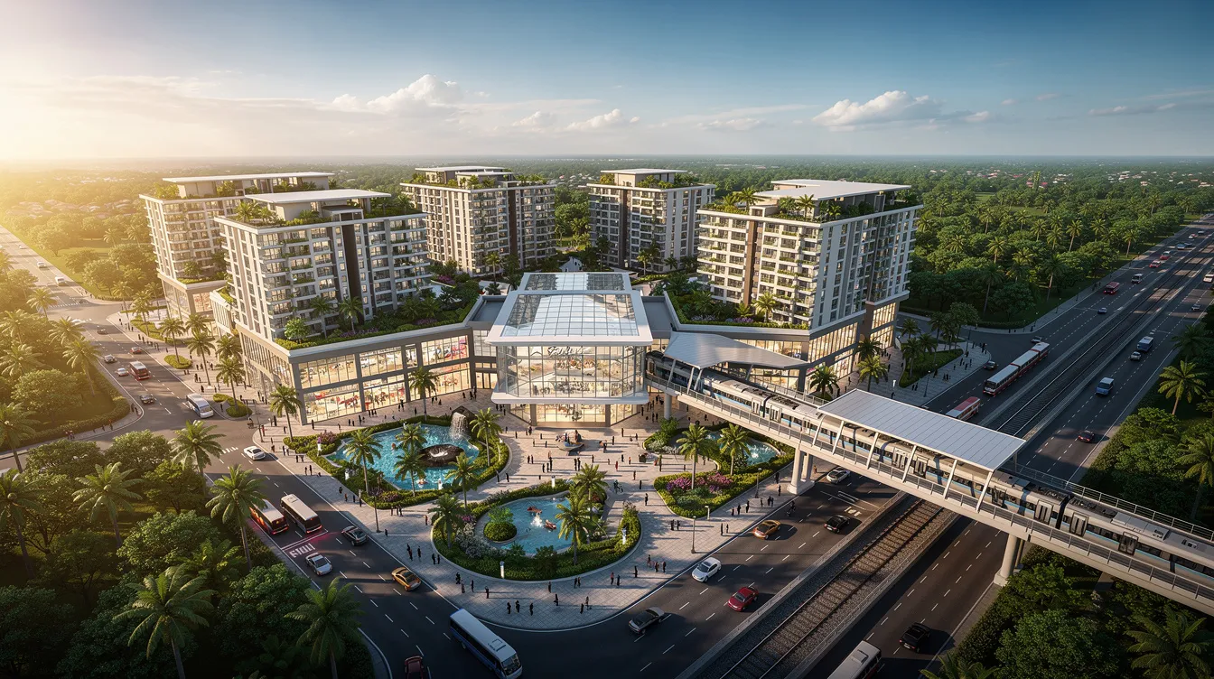 An aerial view showcases a vibrant tropical residential development featuring the Pinery Residences, seamlessly integrated with a shopping mall and a direct link to the Tampines West MRT station. The surrounding area includes lush greenery and proximity to amenities such as the Tampines Mall and Bedok Reservoir Park.