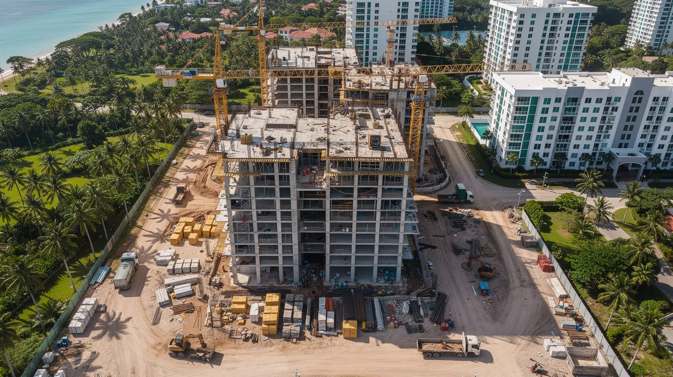 An aerial view showcases a condominium construction site in a tropical city, featuring cranes and partially completed residential towers surrounded by greenery. This bustling development reflects the growing demand for private property, where potential buyers may consider various home loan options, including fixed or floating rates, to manage their future mortgage repayments effectively.