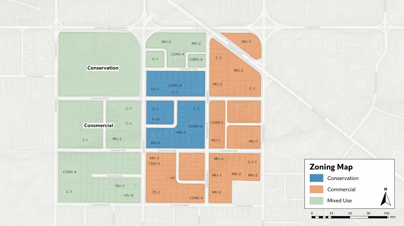The image depicts a zoning map with color-coded land parcels in a conservation district, highlighting areas designated for commercial and mixed-use purposes. This map illustrates the distinctions between commercial properties and residential components, which are essential for understanding property transactions and zoning regulations in the area.