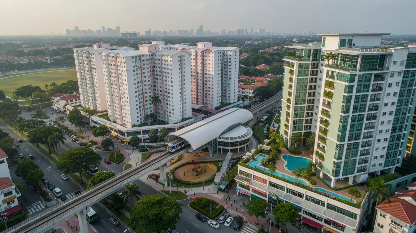 An aerial view of a suburban residential district in Singapore showcases a blend of HDB blocks and new condominium developments situated near an MRT station. This image highlights the diverse property options available for potential buyers, including public housing and private properties, reflecting the financial considerations such as gross monthly income and monthly debt obligations that influence property purchase decisions.