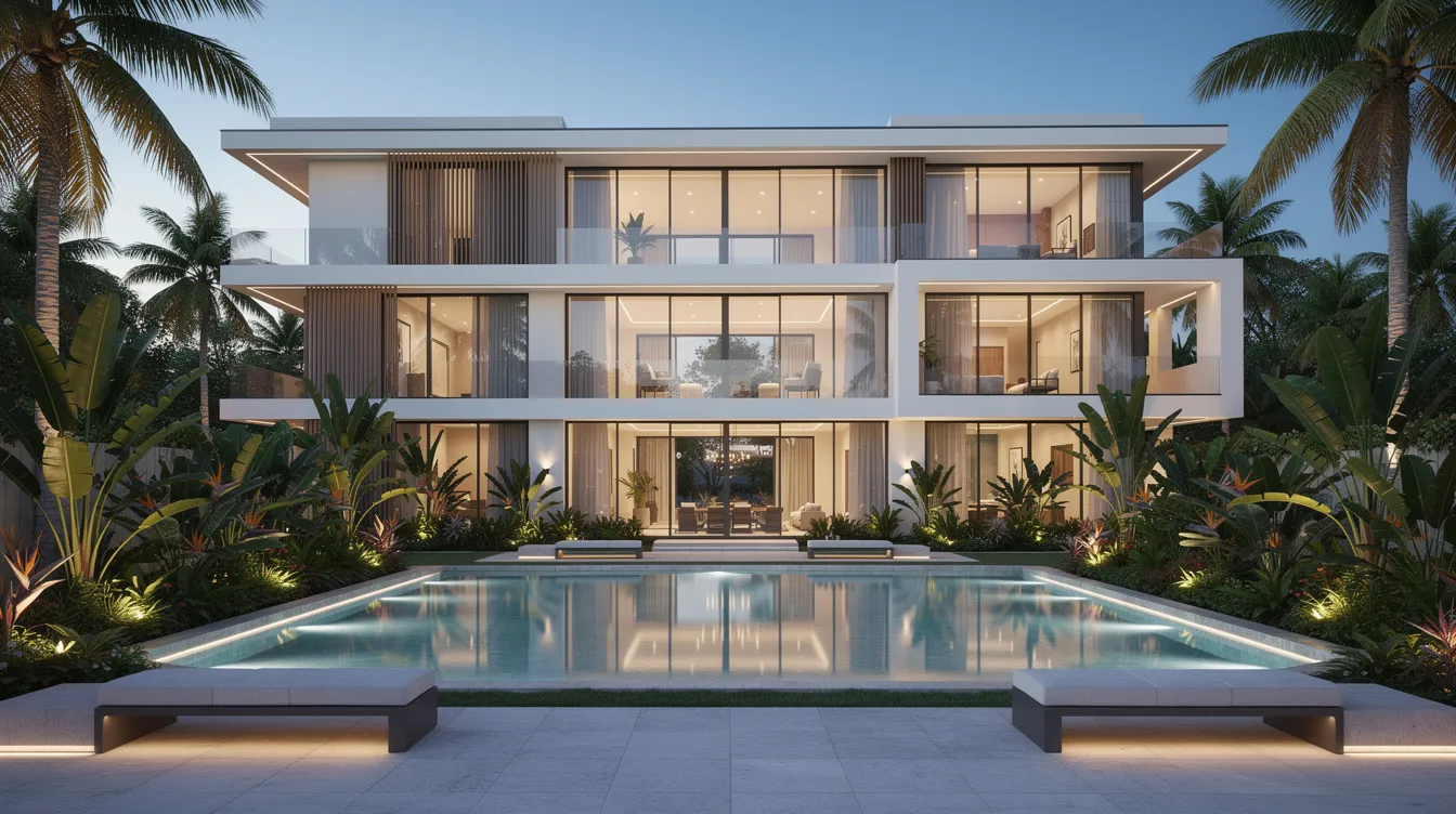 The image showcases a modern luxury residential building exterior, featuring lush tropical landscaping and a reflective pool at ground level, embodying the essence of luxury living in Singapore. This branded development offers premium finishes and shared facilities that enhance everyday life, making it an ideal choice for international buyers seeking an elevated lifestyle in a prime location.