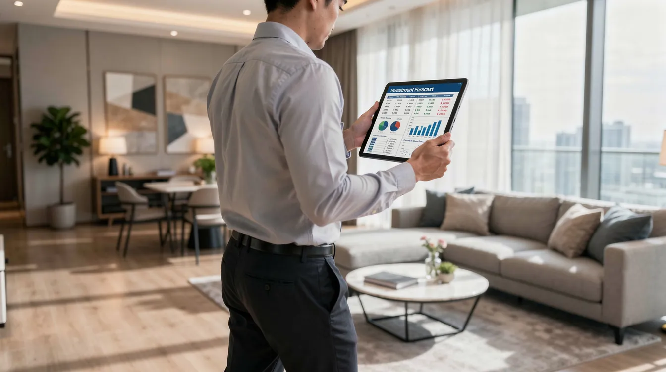 A person is walking through a beautifully furnished condominium showflat, intently reviewing a tablet that displays detailed financial calculations related to property investment. This scene highlights the journey of property buyers exploring options in Singapore's vibrant property market, focusing on asset progression strategies to achieve financial freedom.