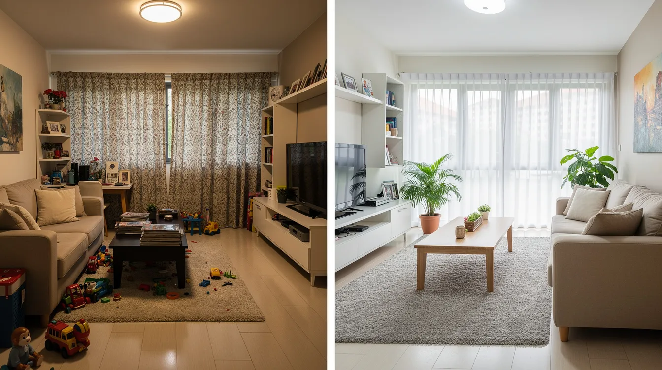 The image showcases a 4-room HDB living room before and after staging, highlighting a decluttered space adorned with neutral tones. The transformation emphasizes the potential for an inviting atmosphere, ideal for HDB owners considering an upgrade to a private property or condo purchase.