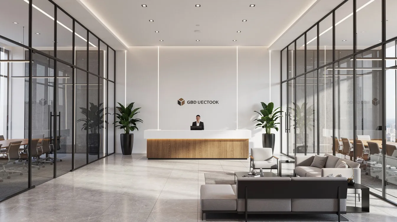 The image depicts a modern office lobby located in the Central Business District (CBD), featuring sleek glass partitions and professional lighting that creates a sophisticated atmosphere. This contemporary space is designed to facilitate property transactions, making it an ideal environment for discussions about commercial property investments and the associated buyer's stamp duty.