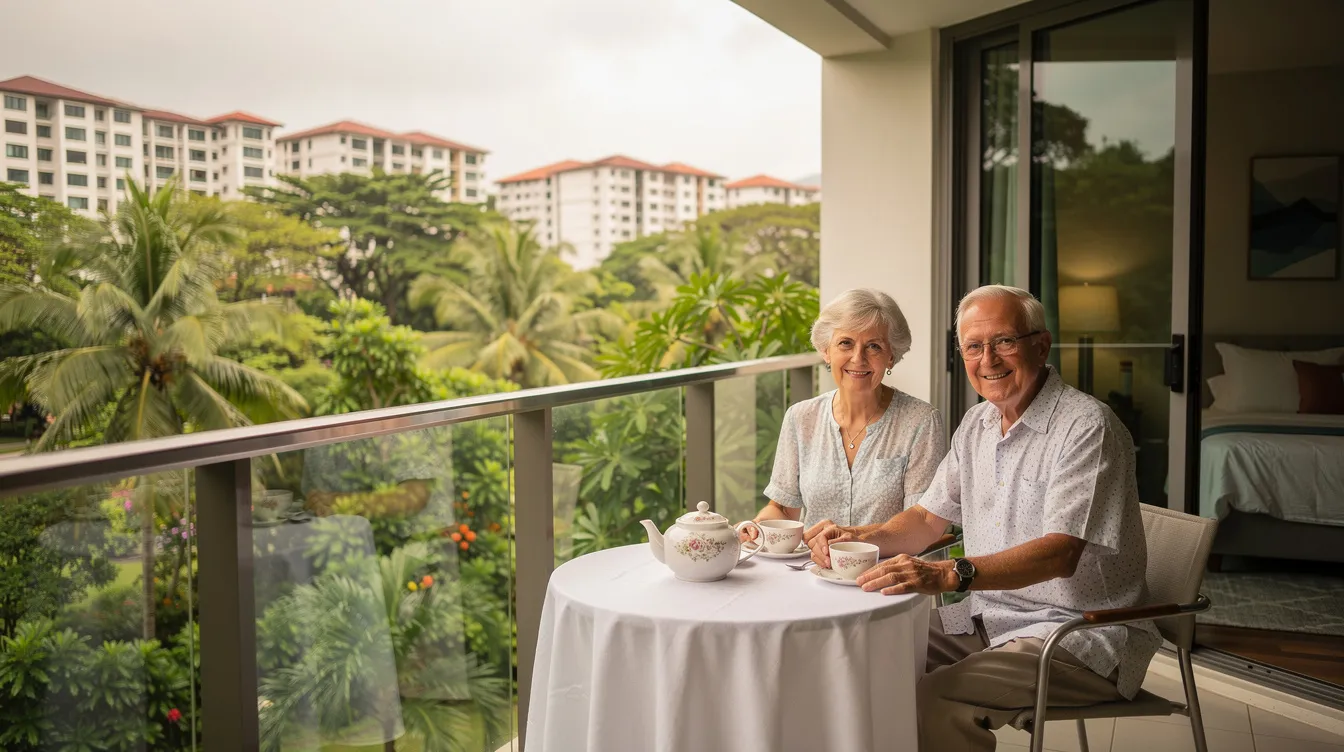 A senior couple enjoys tea on their balcony, surrounded by lush greenery in a Singapore suburban condo estate, reflecting their lifestyle as empty nesters who have embraced financial freedom through right sizing to a smaller private home. The tranquil setting highlights their daily life and connection to nature as they embark on this next chapter together.