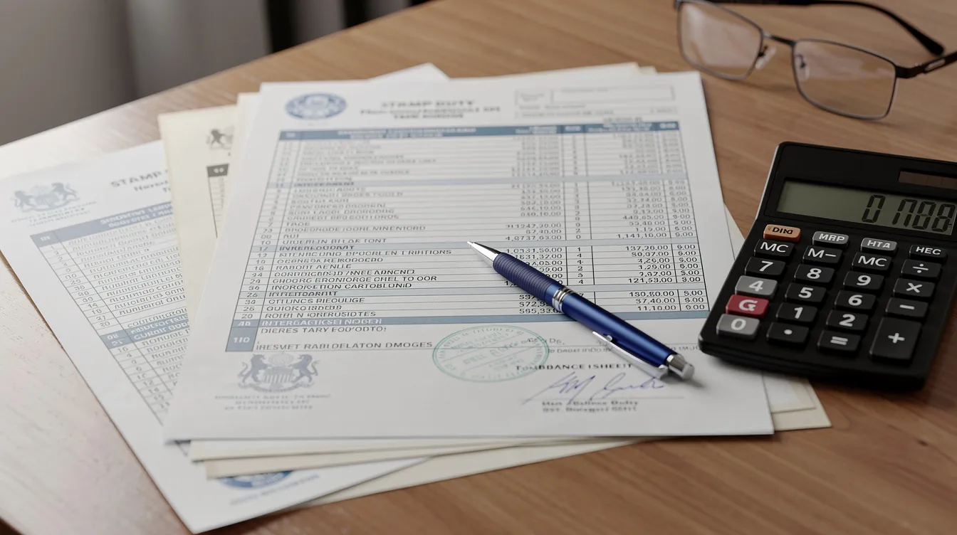 The image shows a desk cluttered with documents that include financial calculations related to property loans, such as gross monthly income and total debt servicing ratio, alongside stamp duty papers relevant to property purchase in Singapore. The materials reflect the complexities of financing residential property and the implications of additional buyer's stamp duty in light of Singapore's property cooling measures.