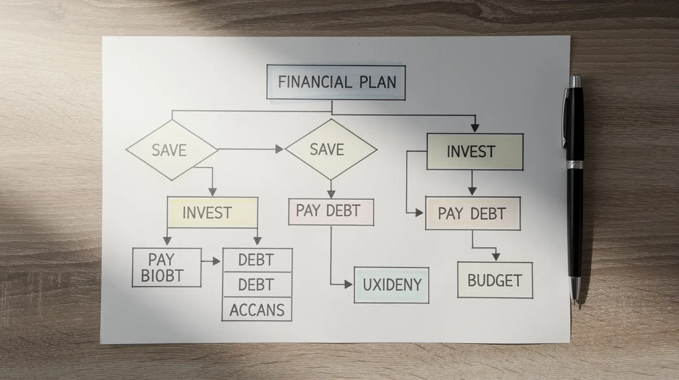 The image features a decision flowchart diagram on paper, illustrating various branching paths for financial planning choices related to home loans. It highlights key concepts such as fixed vs floating rates, monthly repayments, and the total debt servicing ratio, guiding potential property buyers through their financing options.