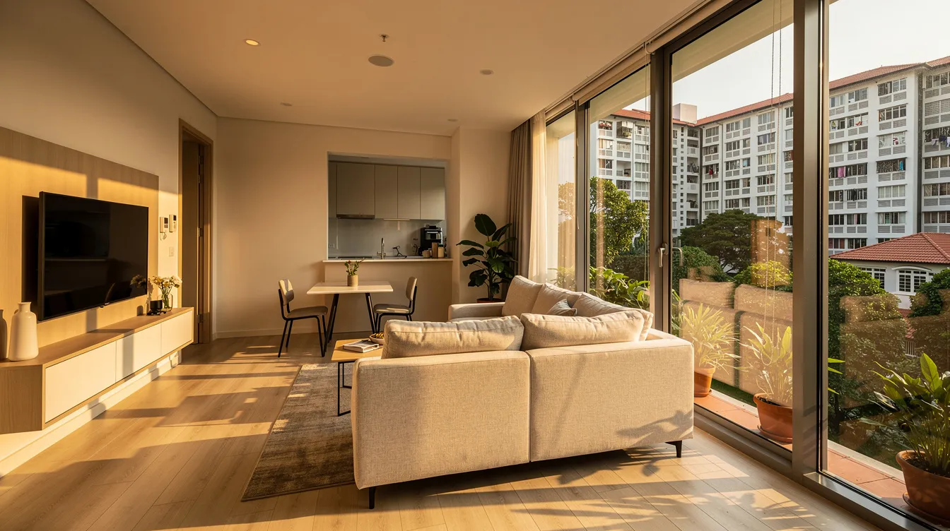 The image depicts a bright and compact two-bedroom condo living room, with large windows that provide a view of a vibrant Singapore neighborhood bathed in warm afternoon light. This space exemplifies the lifestyle of many empty nesters looking to right size to a smaller home, offering both comfort and financial freedom as they transition into a new chapter of their lives.