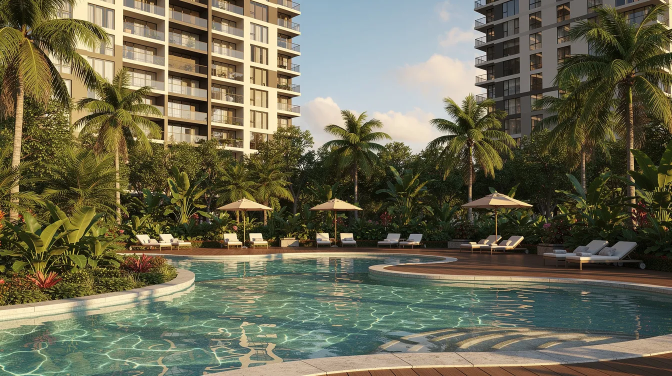 The image depicts a tropical resort-style swimming pool surrounded by vibrant greenery, with modern residential towers in the background, creating a serene and luxurious atmosphere. This setting is reminiscent of the lush landscapes found in the surrounding Bukit Timah area, enhancing the appeal of nearby developments like Dunearn House.