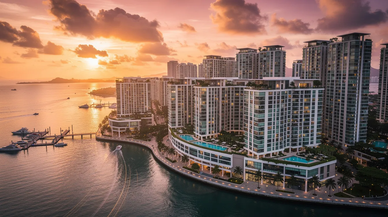 An aerial view showcases the modern skyline of Singapore, featuring luxurious waterfront condominiums bathed in the warm hues of sunset. This vibrant scene highlights the core central region's residential developments, underscoring the appeal of new launch condos in the Singapore property market.