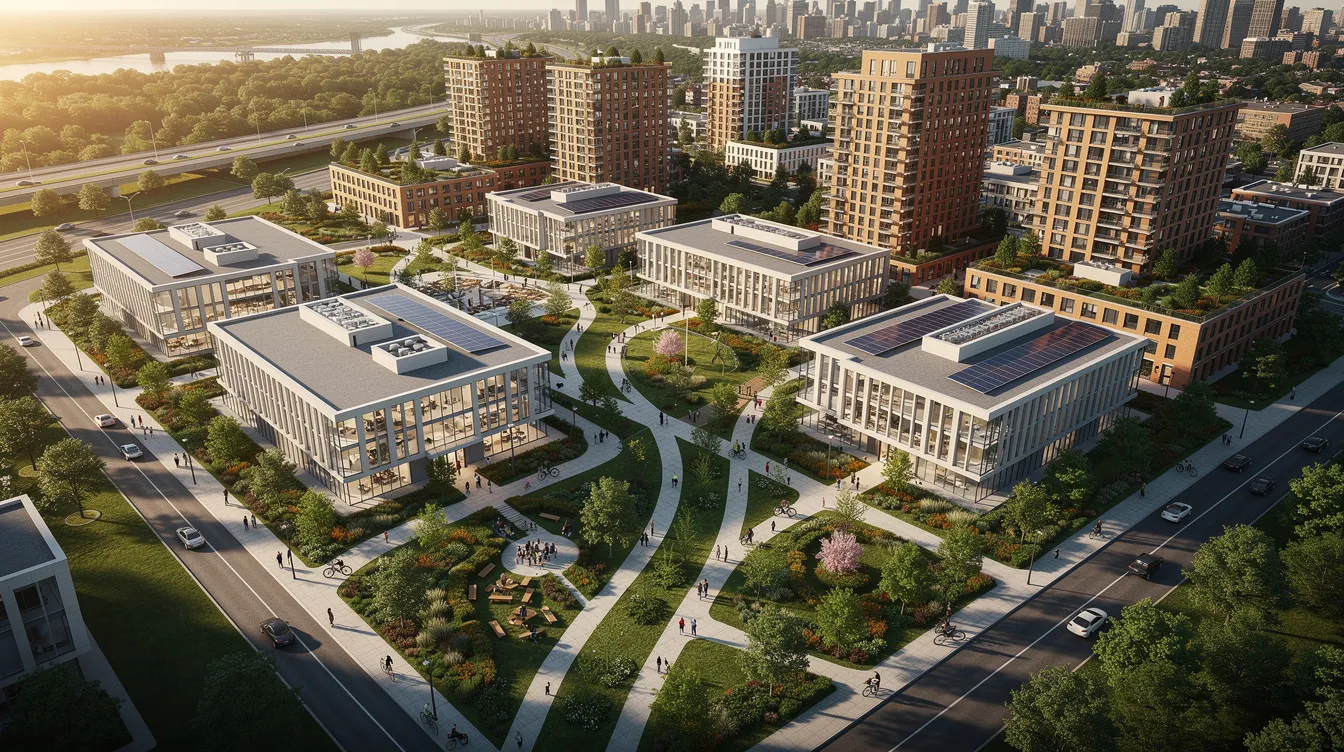 An aerial view showcases a modern research and innovation district featuring green corridors that connect low-rise laboratories and mid-rise residential towers, including the Hudson Place Residences. This vibrant area, located near the One North MRT station, emphasizes urban convenience and lifestyle amenities, creating a desirable environment for professionals and aspiring homeowners.