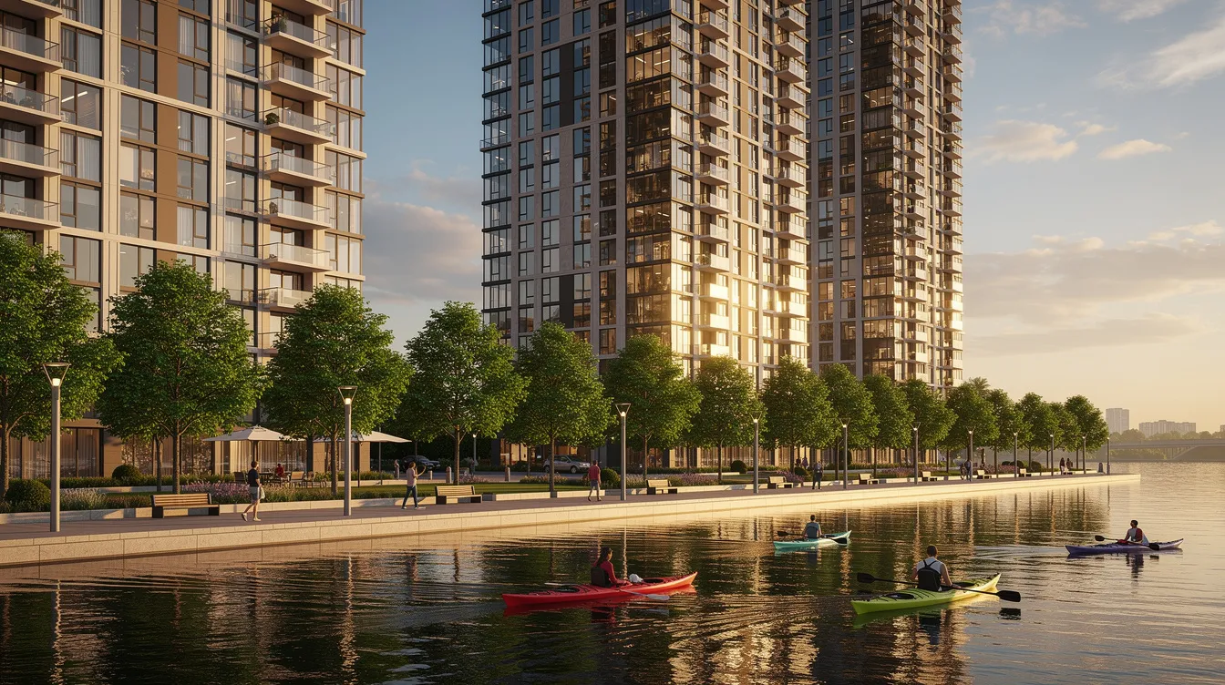 The image depicts modern high-rise condominium towers located in the core central region of Singapore, alongside a calm river where kayakers paddle leisurely. A tree-lined waterfront promenade enhances the luxurious living experience, reflecting the prime areas and prestigious properties that contribute to the value of this vibrant district.