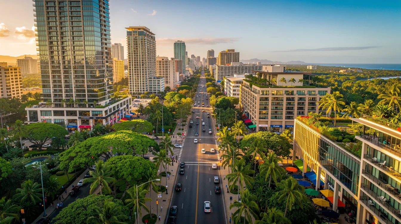 An aerial view showcases a vibrant tropical city skyline, where mixed-use towers rise above a lush green canopy along a prominent shopping boulevard. This scene highlights the core central region's blend of luxury living and convenience, characteristic of prime areas like Singapore's Orchard and Toa Payoh districts.