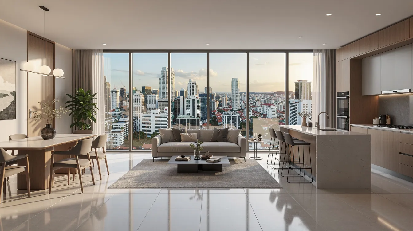 The image depicts a modern condo showflat interior in Singapore, featuring an open layout with sleek furnishings and a stunning city skyline view visible through floor-to-ceiling windows. This luxurious space exemplifies the appeal of private residential properties in the core central region, highlighting the potential for investment in Singapore's evolving real estate market.