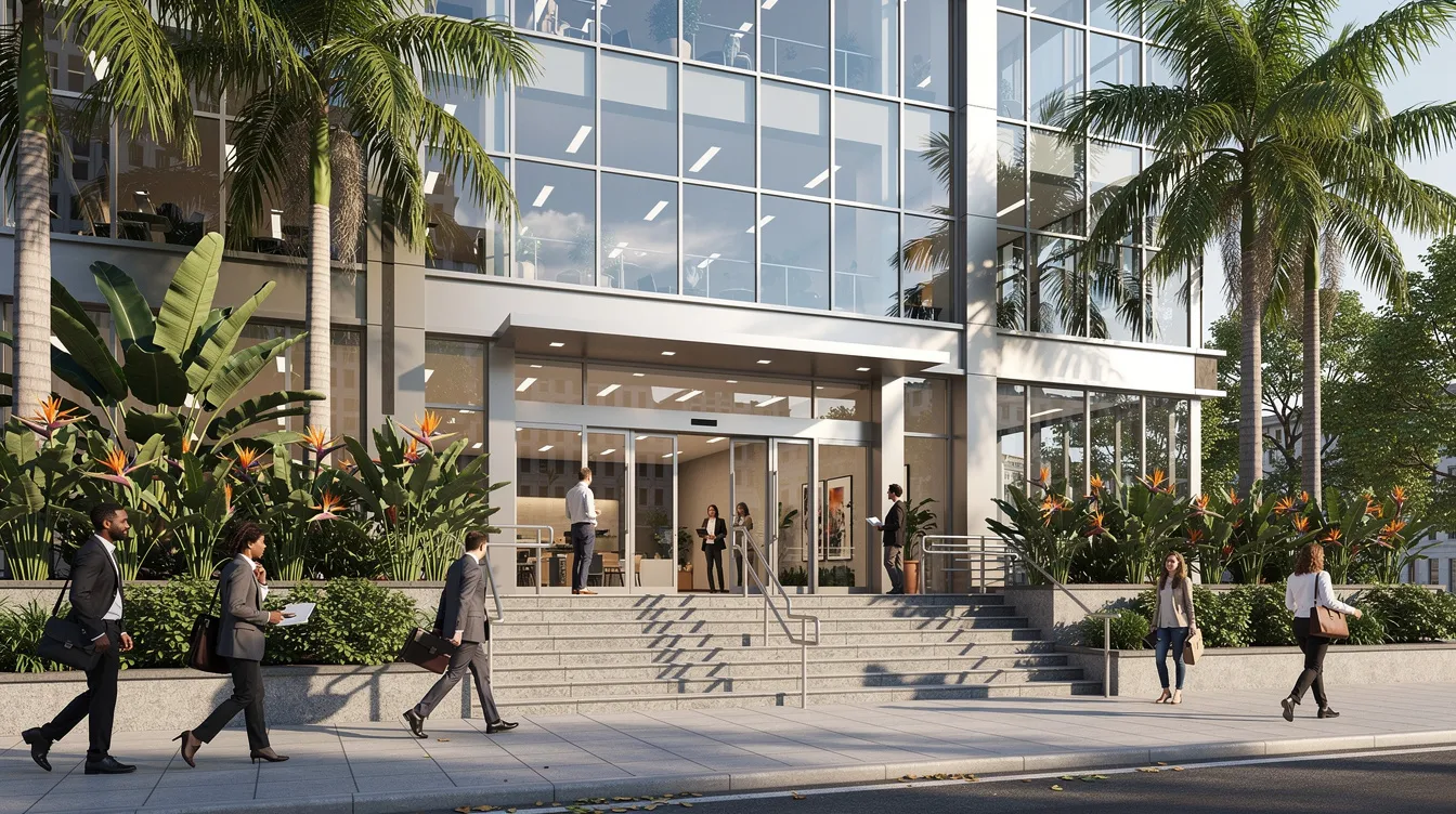 The image depicts the entrance of a glass-fronted mid-rise office building, surrounded by lush tropical landscaping and bustling pedestrians, highlighting the vibrant atmosphere of a thriving business precinct in Singapore's CBD. This location features new strata office units at 108 Robinson Road, showcasing quality office space and sustainable design elements, including solar panels and touchless access control.