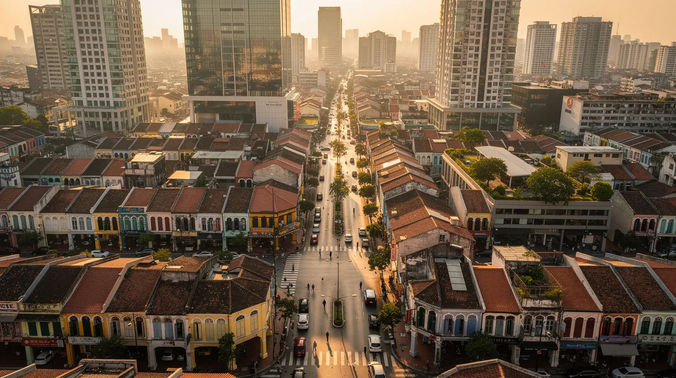 An aerial view of a historic urban district showcases rows of low-rise conservation shophouses, characterized by their decorative plasterwork, interspersed with modern buildings that highlight the balance between heritage and urban redevelopment. This image reflects the cultural significance and investment potential of conserved buildings within the area, emphasizing both growth opportunities and the importance of adhering to conservation guidelines.