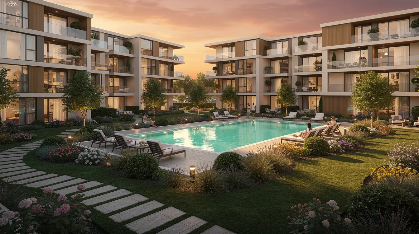 The image depicts a modern residential condominium complex featuring beautifully landscaped gardens and a serene swimming pool, all bathed in the warm colors of a sunset. This inviting scene suggests a peaceful lifestyle in a private property, ideal for potential home buyers considering their options between fixed and floating rate home loans.