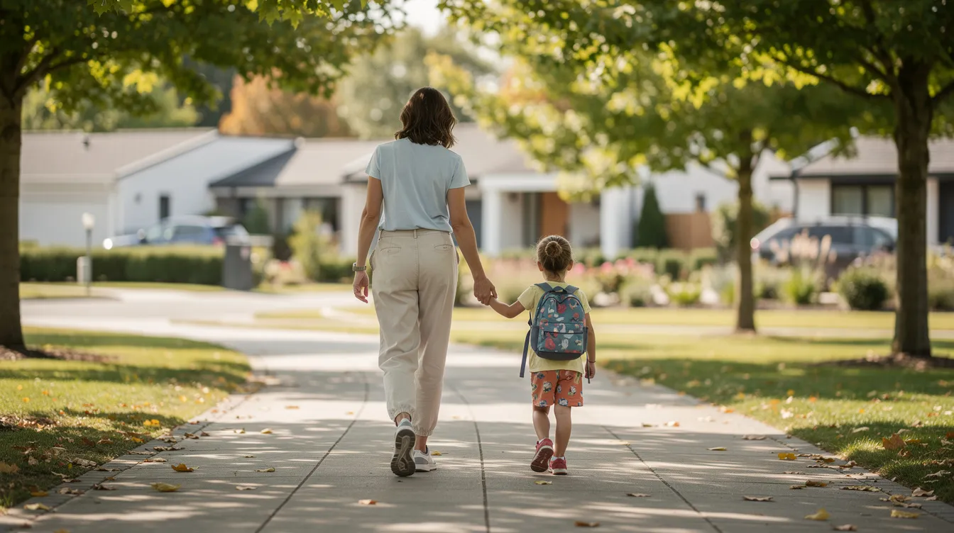 A parent is walking with a young child along a tree-lined pedestrian path in a residential area, which is likely in proximity to popular primary schools. This serene setting reflects a family-friendly environment, ideal for parents considering home school distance and registration options for primary 1 admission.
