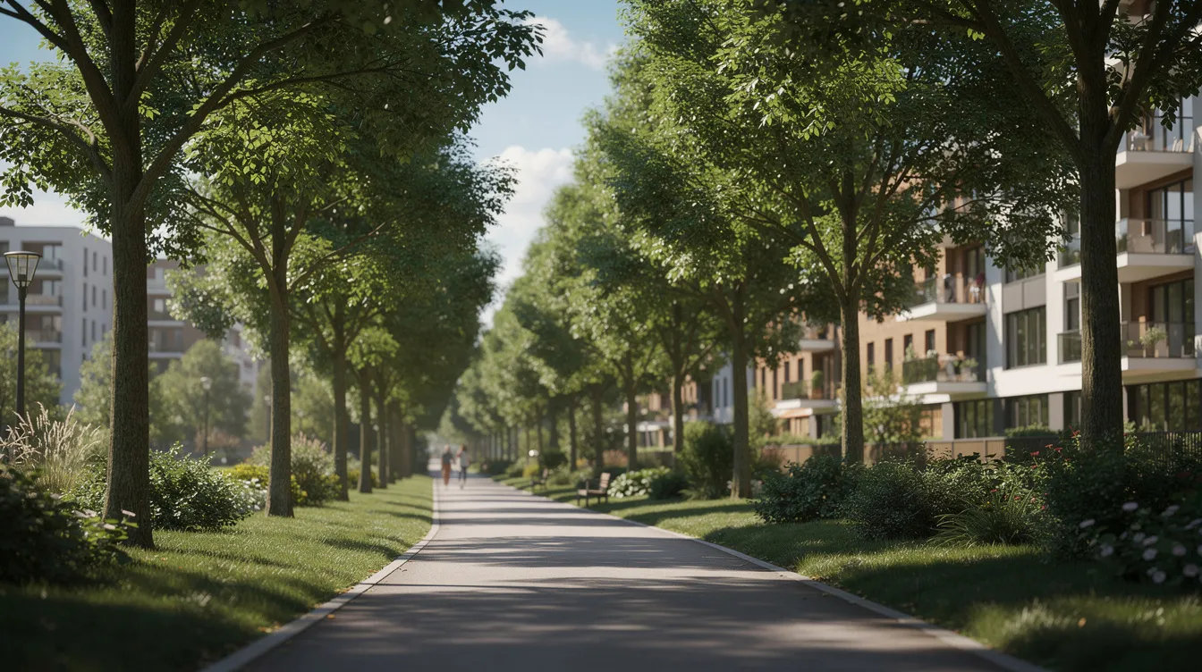 The image depicts a serene tree-lined walking path that runs alongside a lush green corridor, with modern residential buildings visible in the background, highlighting the prime district of Holland. This peaceful setting is in close proximity to amenities like the King Albert Park MRT and is part of the vibrant Holland Village area, known for its freehold developments like Amberwood at Holland.
