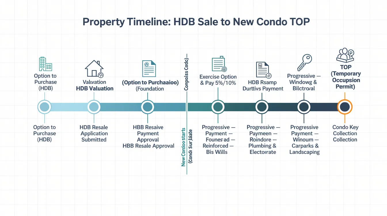 The image depicts a timeline chart illustrating key property transaction milestones, starting from the HDB sale and progressing through new condo payments to the TOP date. It highlights important financial considerations such as gross monthly income, total debt servicing ratio, and property loans, essential for property buyers navigating the complexities of housing transactions.
