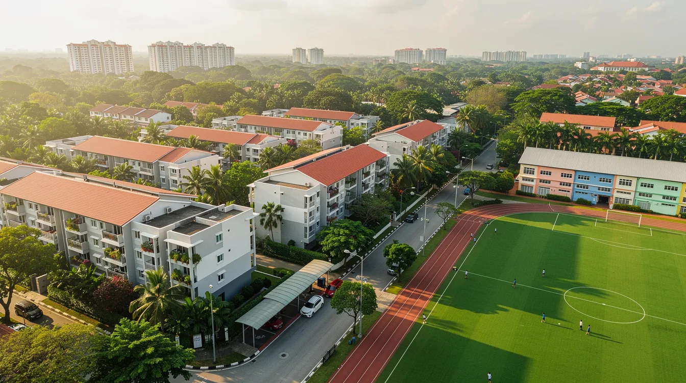 An aerial view showcases a vibrant green residential neighborhood in Singapore, featuring low-rise condominiums situated near several popular primary schools such as Methodist Girls School and Tao Nan School. This image highlights the importance of school proximity and home school distance for families living in the area, particularly in relation to the P1 registration exercise and the competitive property market.