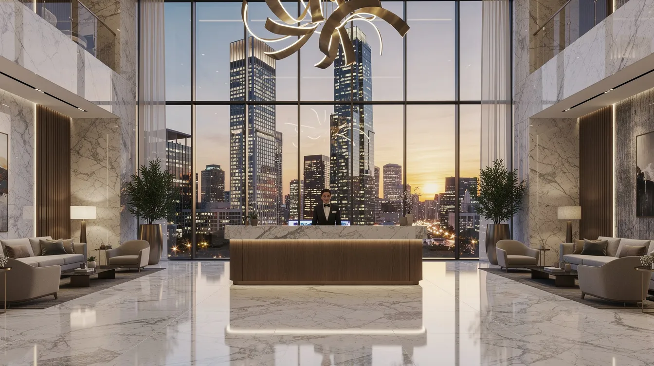 The image depicts a luxury condominium lobby featuring elegant marble finishes, a concierge desk, and expansive floor-to-ceiling glass windows that provide a stunning view of the city skyline. This setting reflects the sophistication of core central region properties, ideal for high net worth individuals seeking prime real estate in the vibrant Singapore property market.