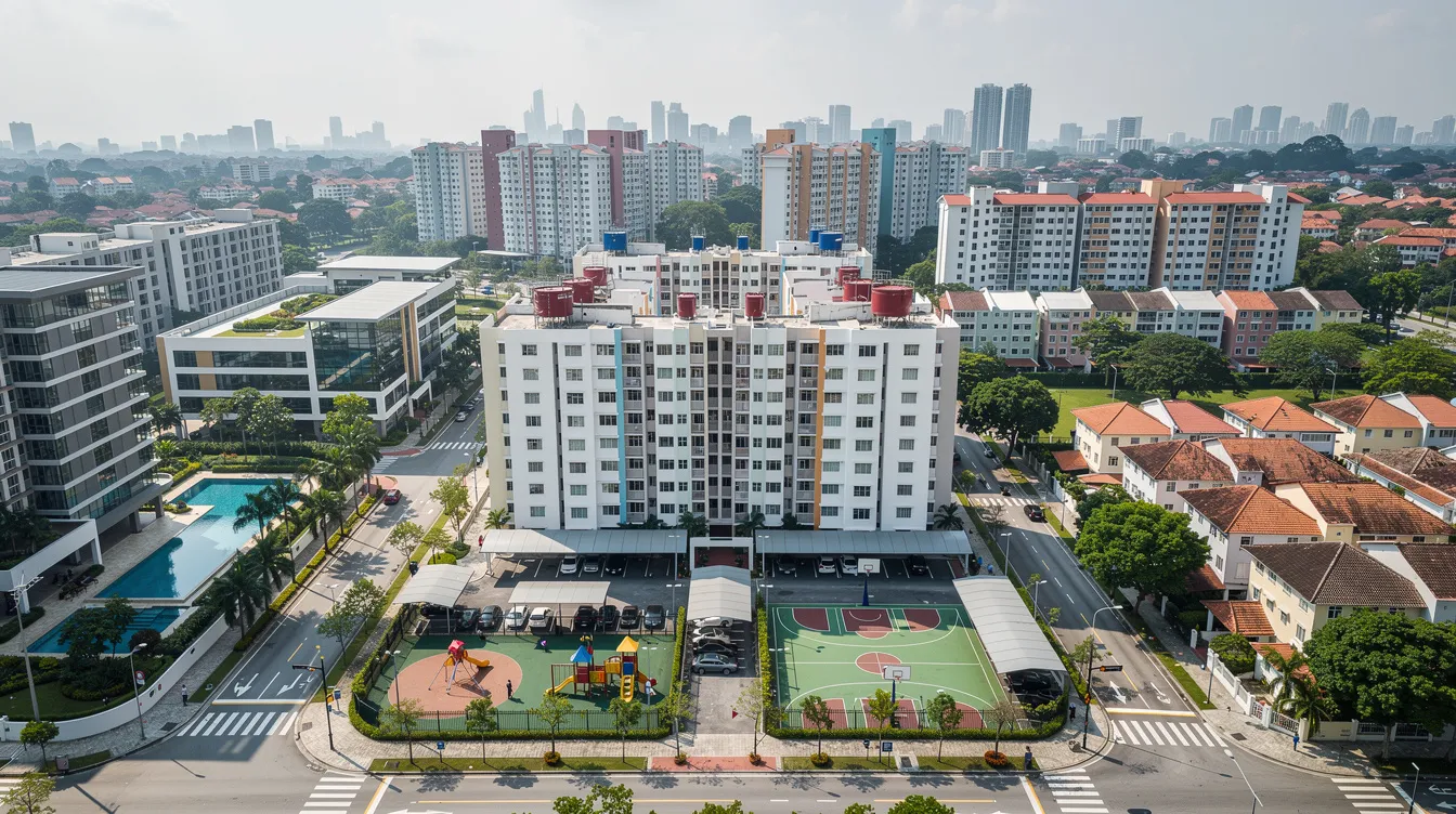The image depicts a bird's-eye view of a Singapore residential neighbourhood, showcasing a mix of HDB blocks, private condominiums, and landed homes. This diverse landscape reflects the dynamics of the Singapore property market, highlighting various asset classes and the potential for property investments.