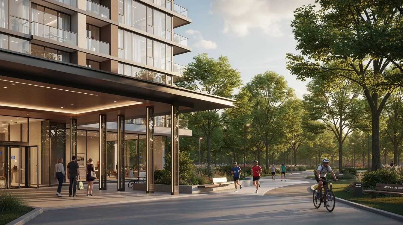 The image depicts a covered walkway that connects the entrance of a residential tower, presumably part of Hudson Place Residences, to a tree-lined urban park where joggers and cyclists are enjoying the outdoor space. This setting highlights the convenience of urban living and the lifestyle amenities available in the One North precinct.