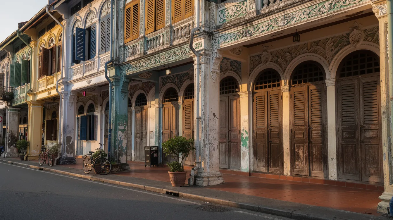The image depicts a row of conserved shophouses featuring ornate facades and five-foot walkways, situated along a heritage district street, highlighting the unique architectural style of commercial properties in Singapore. These conservation shophouses may serve both commercial and residential purposes, attracting foreign investors interested in commercial property purchases.