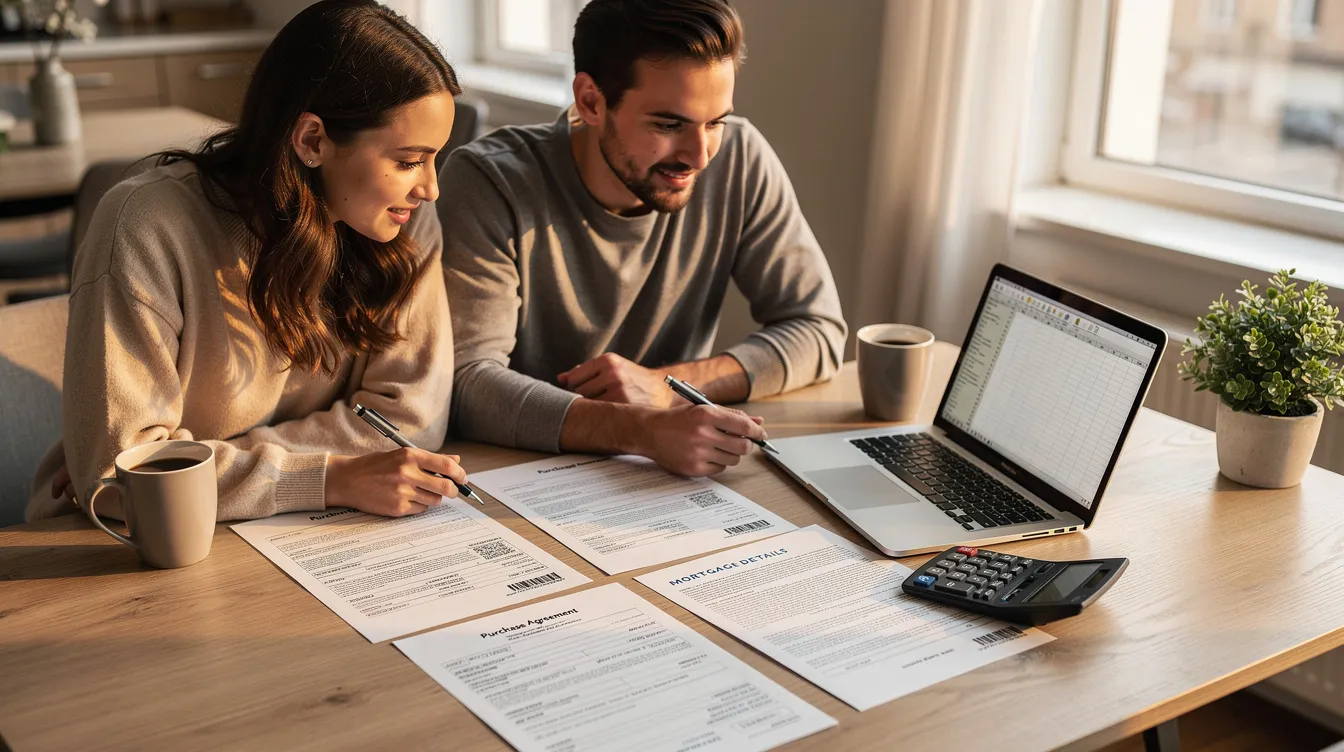 A couple is seated at a dining table, reviewing property documents with a laptop and calculator in front of them, discussing their options regarding the resale HDB market and the 15 month wait out rule that private property owners must consider before moving to a resale flat. The scene reflects careful planning as they navigate the complexities of HDB resale prices and eligibility.