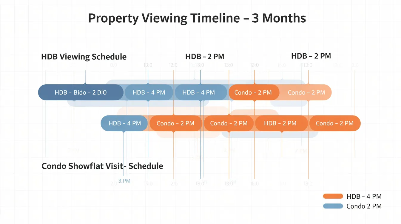 The image depicts an overlay timeline that illustrates the parallel schedules for viewing HDB flats and visiting condo showflats over three months, highlighting the steps involved in upgrading from an HDB to a private property, including important considerations like outstanding HDB loans and buyer's stamp duty. This visual representation aids HDB owners in planning their transition to a resale condo or new launch condo effectively.