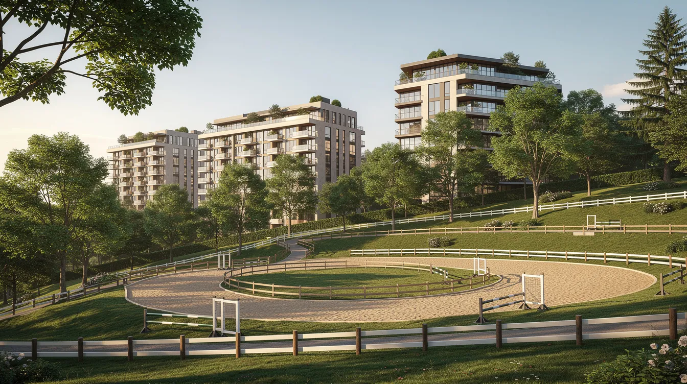 The image depicts a lush green hillside featuring equestrian-inspired landscaping, with modern residential towers nestled among mature trees, creating a harmonious blend of nature and urban living. This setting reflects the ongoing transformation in the Singapore property market, particularly in areas with upcoming projects like Hudson Place Residences and the integration of residential spaces within the core central region.