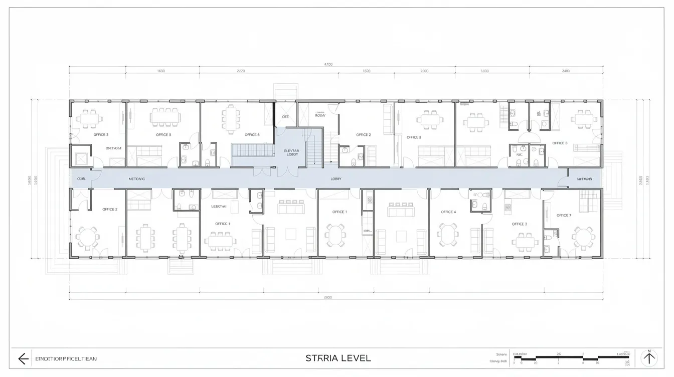 The image depicts a typical strata office floor plan layout, featuring individual commercial strata units aligned along a central corridor, illustrating the organization of commercial property space. Each unit is designed for business owners, highlighting the functional layout that is distinct from residential property designs.