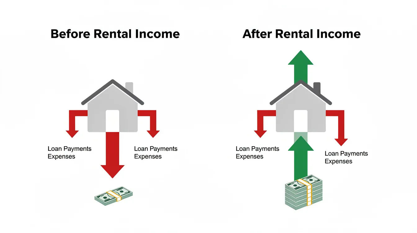 The image depicts a comparison diagram illustrating property cash flows, highlighting the impact of rental income on loan payments. Arrows indicate how rental income offsets loan payment arrows, showcasing effective cash flow management strategies for construction projects and the importance of timely project completion to maintain a positive cash flow.