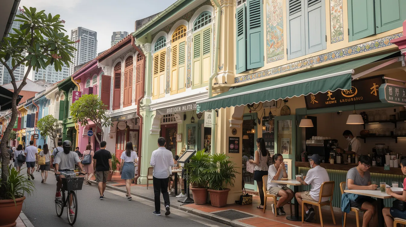 The image depicts a vibrant street in Singapore filled with colorful shophouses, bustling cafes, and pedestrians enjoying the heritage conservation district. This lively scene reflects the charm of freehold properties and leasehold properties, highlighting the unique blend of culture and modern amenities in the location.