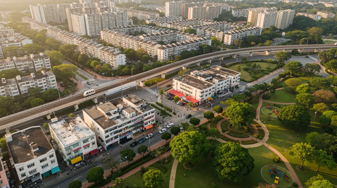 An aerial view of a mature residential town showcases the Woodlands area, featuring green parks, low-rise shopping centers, and MRT tracks, including the Woodlands South MRT station. The scene captures a vibrant community with nearby facilities such as the Woodlands Healing Garden and various primary schools, emphasizing the integration of nature and urban living.