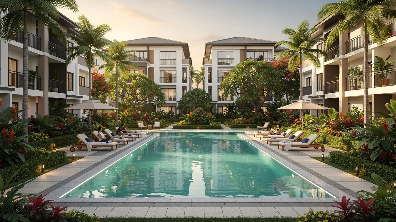 The image depicts a modern condominium swimming pool area, elegantly surrounded by lush landscaped gardens, set in a suburban environment of Singapore. This serene space reflects the appeal of private properties in the vibrant property market, ideal for those considering asset progression from HDB to their first condo.