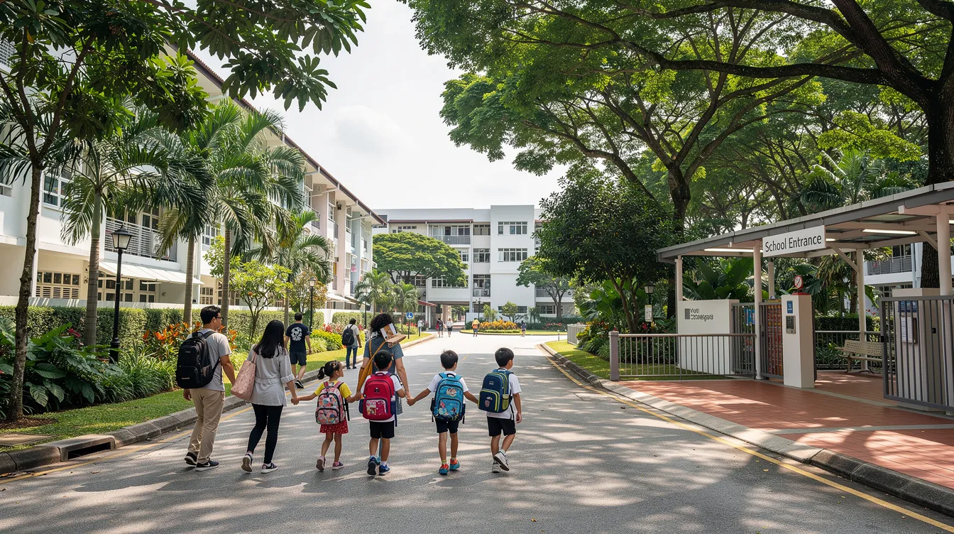 A group of families strolls along a tree-lined pathway near the entrance of a school in a residential neighborhood in 新加坡, creating a vibrant and community-focused atmosphere. The scene captures the essence of family life, with children and parents enjoying their surroundings.