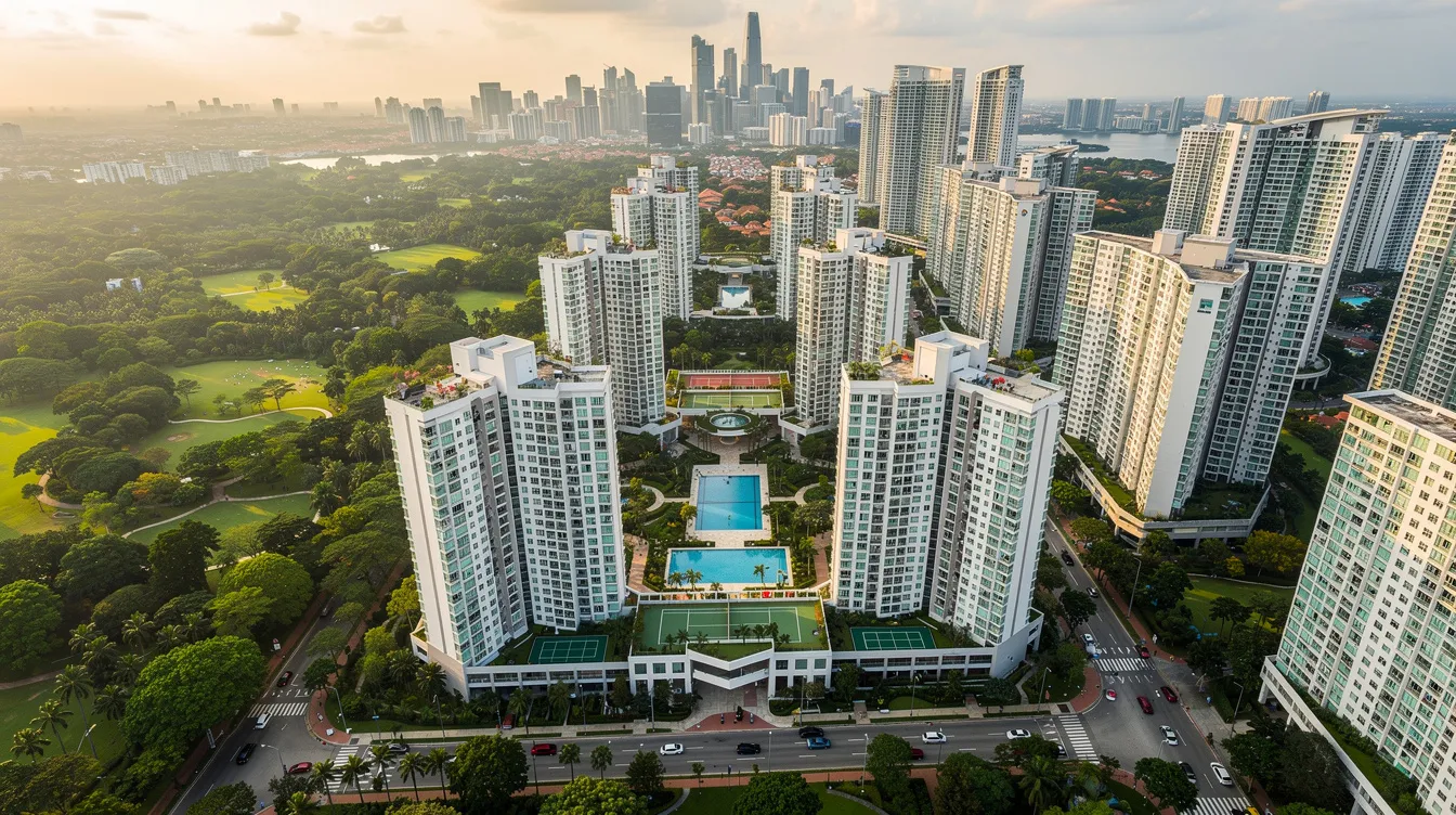 An aerial view showcases the dense skyline of Singapore, featuring a mix of residential condominiums surrounded by green spaces. This vibrant urban landscape reflects the impact of Singapore's property cooling measures and highlights the significance of financial considerations like total debt servicing ratio and mortgage servicing ratio for potential home buyers.