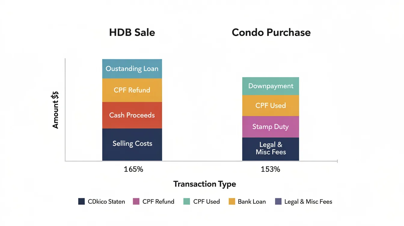 The infographic illustrates the equity breakdown from selling an HDB flat to purchasing a condo, using a stacked bar diagram to represent key financial factors such as sale proceeds, loan limits, and accrued interest. It highlights the trade-offs and financial planning considerations Singapore citizens face when upgrading from HDB to private property, including total debt servicing ratio (TDSR) limits and the impact of current interest rates.
