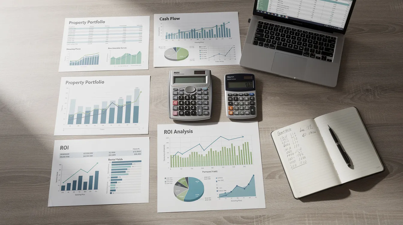 The image depicts a desk cluttered with financial charts, calculators, and documents, all focused on property investment analysis. It illustrates key concepts such as accrued interest, down payment, and rental income, essential for evaluating the financial sense of acquiring a second residential property.