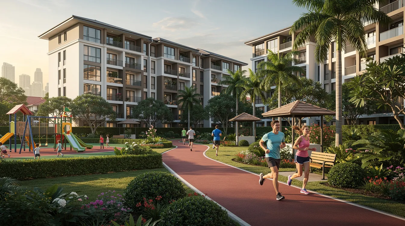 The image depicts a suburban Singapore condominium featuring beautifully landscaped gardens and a playground, with residents jogging along a scenic pathway. This vibrant community showcases the lifestyle amenities typical of private properties in the region, highlighting the appeal of new launch condos in the Singapore property market.