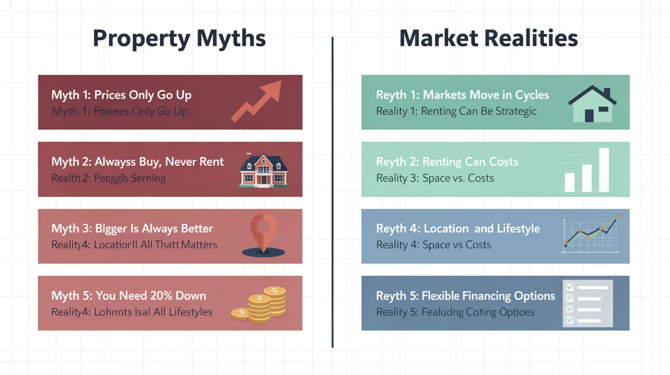 The image features a split-panel infographic that juxtaposes five common myths about the property market on one side with data-backed realities on the other, highlighting misconceptions about asset progression and property investments in Singapore's real estate market. The infographic aims to educate viewers on the importance of understanding market trends and the risks associated with timing the market for better financial decisions.