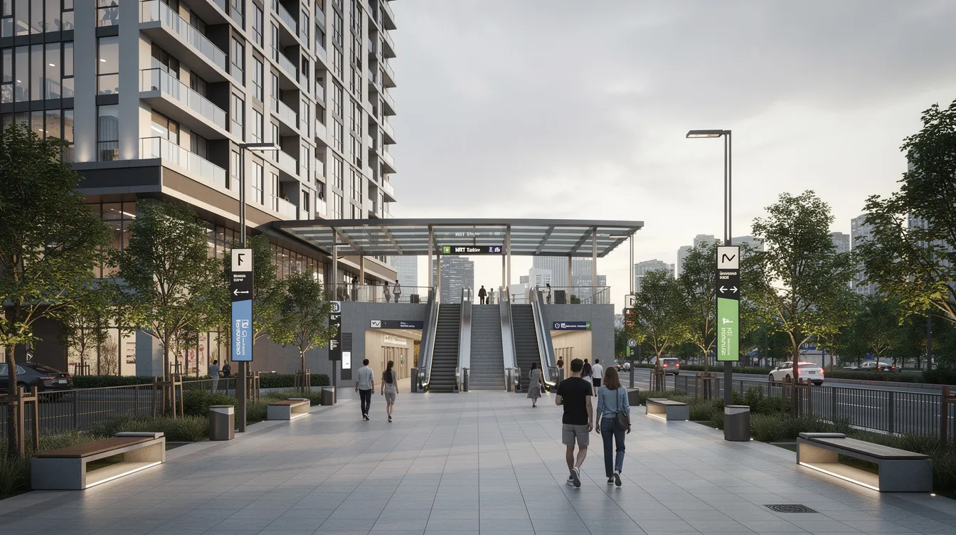The image depicts a pedestrian walkway that connects a modern residential tower to the entrance of an underground MRT station, specifically serving the Thomson East Coast Line. This convenient access enhances the appeal of nearby developments like Lentor Gardens Residences and Thomson Reserve, making it an attractive option for families and commuters alike.