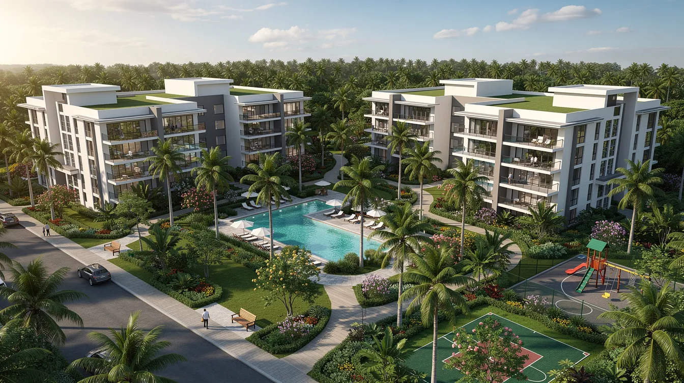 An aerial view showcases a modern residential condominium complex, known as Lentor Gardens Residences, nestled amidst lush tropical greenery and parks, emphasizing its tranquil environment and proximity to nature. The image illustrates the harmonious blend of contemporary living and natural surroundings, ideal for families seeking a serene home location near amenities like schools and the Lentor MRT station.