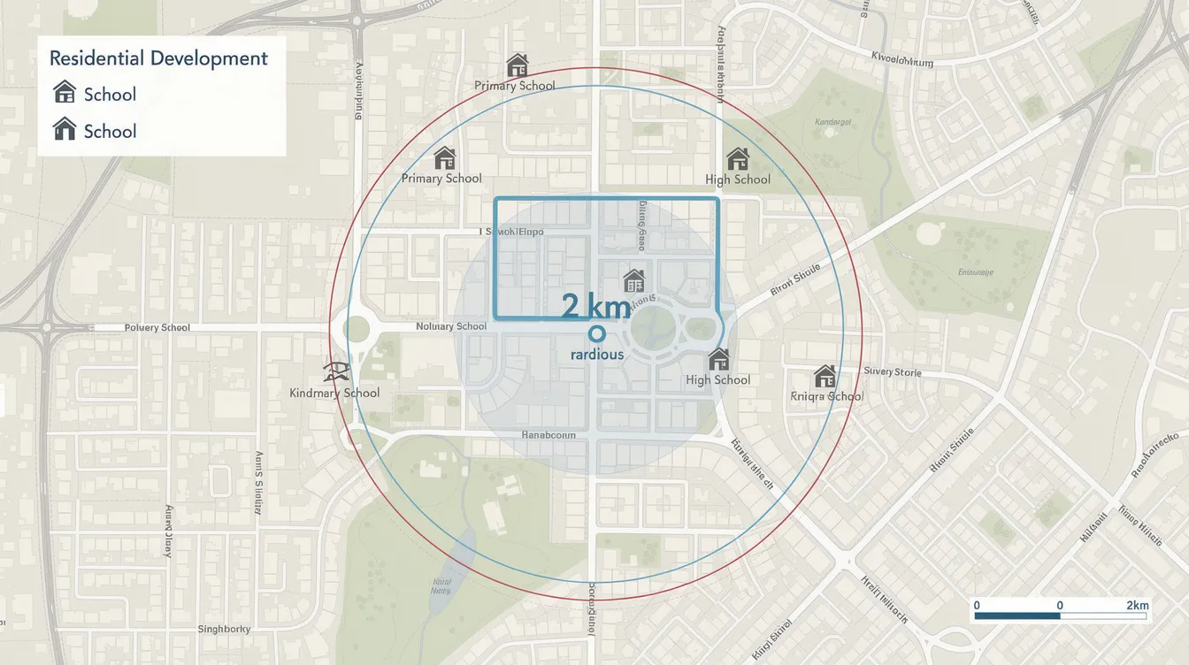 The image depicts a wide map highlighting a 2km radius circle around a residential development, with various schools, including popular options like Ai Tong School and Catholic High School, marked at different distances. This visual representation helps parents identify educational institutions within proximity, particularly for families considering the significance of being within 1km of sought-after primary schools in the Upper Thomson area.